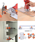 Rock Solid Heavy Duty Adjustable Wood Drawer Slide Jig With Dead On Positioning Clips in use for precise cabinet alignment.