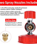 Two spray nozzles for Pressure Washer Spray Gun With Foam Cannon Kit, 1.10mm and 1.25mm orifice sizes, shown with installation details