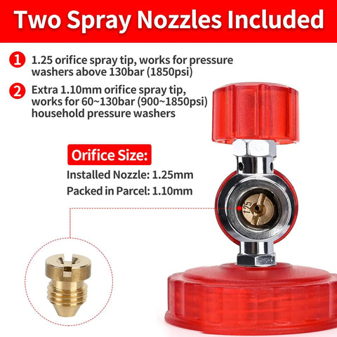 Two spray nozzles for Pressure Washer Spray Gun With Foam Cannon Kit, 1.10mm and 1.25mm orifice sizes, shown with installation details