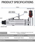 Top Rated Heavy Hitter Air Die Grinder 1/4 Inch 25000 Rpm Variable Speed Throttle With Built In Regulator, showing specifications and collet sizes.