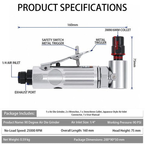 Top Rated Heavy Hitter Air Die Grinder 1/4 Inch 25000 Rpm Variable Speed Throttle With Built In Regulator, showing specifications and collet sizes.