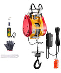 VEVOR 2-in-1 electric hoist winch (front view) with wire rope; red and yellow housing mounted on stand with wireless remote control