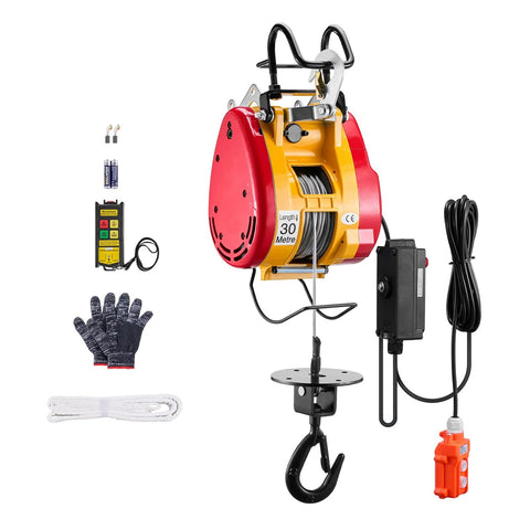 VEVOR 2-in-1 electric hoist winch (front view) with wire rope; red and yellow housing mounted on stand with wireless remote control