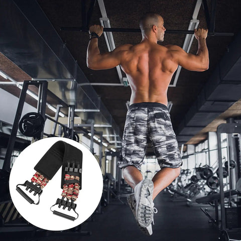Man doing pull-ups with Sturdy Chest Expander Rope for Pectoral Training, shown with cushioned waist and nylon resistance bands