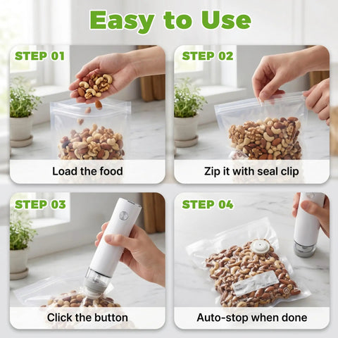 Step-by-step use of Portable Cordless Handheld Vacuum Sealer For Food Compact Travel Ready Food Saver With 30 Reusable Bags