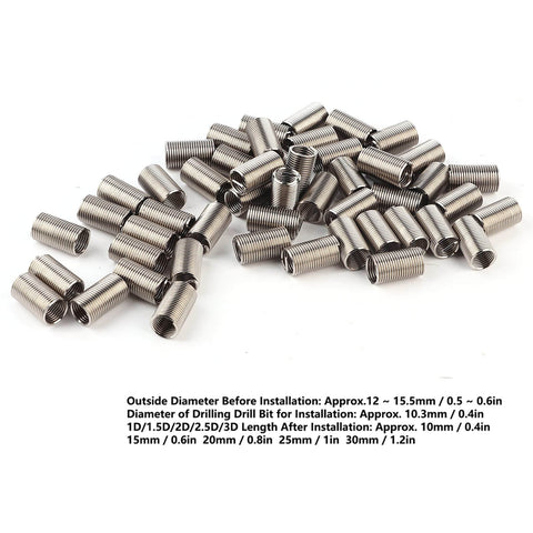 50 Pieces M10x1.25 Helical Stainless Steel Threaded Inserts With Locking Wire Anti Loosening Sleeves