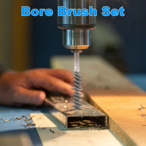 Person using 9 Pack Drill Wire Brush Set With One Quarter Inch Hex Shank For Rust Removal And Tough Scrub On Surfaces Cup Wheel And Pen Brushes In Carbon Steel The Go To Auto Shop And DIY Cleaning Kit on metal surface