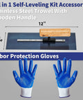 Pro Grade Self Leveling Concrete Tool Kit With Spiked Rollers And Adjustable 6.6Ft Pole showing stainless steel trowel and gloves