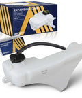 Premium Aftermarket Coolant Reservoir Expansion Tank With Cap in front of packaging, showcasing durable HDPE design and size.