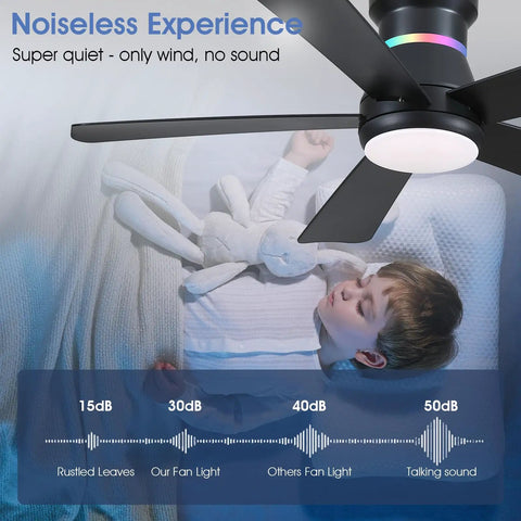 Child sleeping under Dope 46 Inch Black Ceiling Fan With LED Lights And RGB Color Changing, showing quiet operation features.