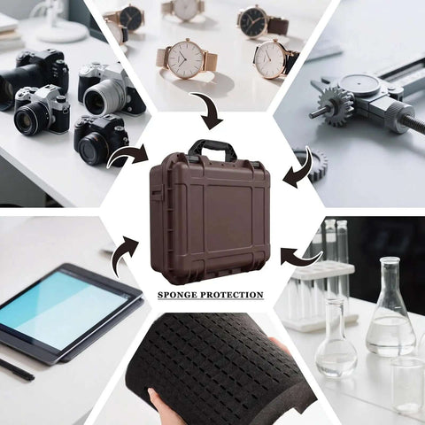 Kickass Heavy Duty Waterproof Hard Case With Custom Foam Insert And Foam Cutting Knife For Bulletproof Tool Storage And Hassle Free Travel Organization In Classic Brown Stripe Shell with cameras and watches.