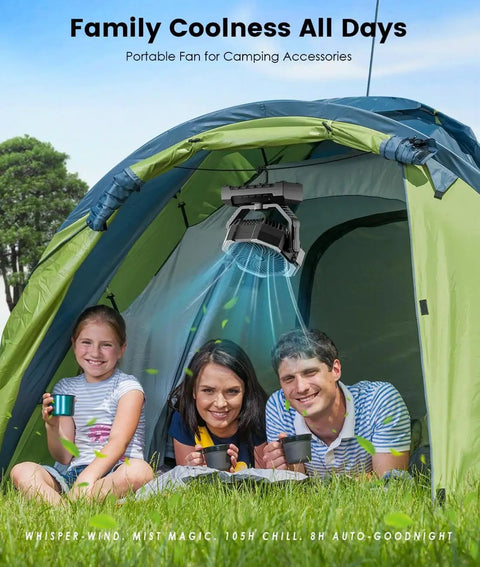 Family using Camping Misting Fan With 24000mAh Battery inside a tent, visible built-in light and hook mount in use.