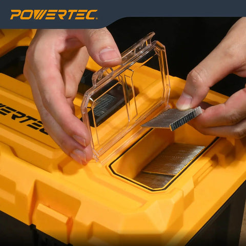 Close-up of a 16 Inch Tool Box With Trays Lockable Metal Latch Portable Organizer For Tools And Small Or Mid Sized Parts Weather Resistant Durable Storage Case For Garage Or Workshop Use showing a clear compartment on the lid.