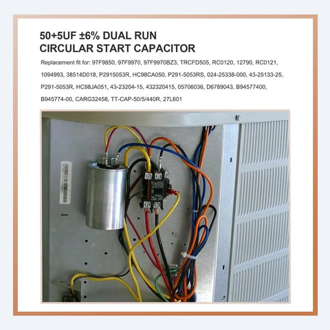 2 Pack Heavy Duty 50 Plus 5uF Capacitors With 6 Percent Tolerance, installed in an air conditioner electrical panel, 370 to 440 VAC.