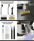 43-Piece Pro 3D Printer Tools Kit showing wire brushes, nozzle cleaners, and tweezers for FDM and SLA printer maintenance.