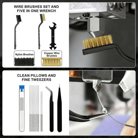 43-Piece Pro 3D Printer Tools Kit showing wire brushes, nozzle cleaners, and tweezers for FDM and SLA printer maintenance.