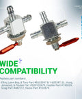 1-633347 Cut Off Fuel Valve With In Line Filter Kit showing dual steel valves with red handles and quarter-inch barbs