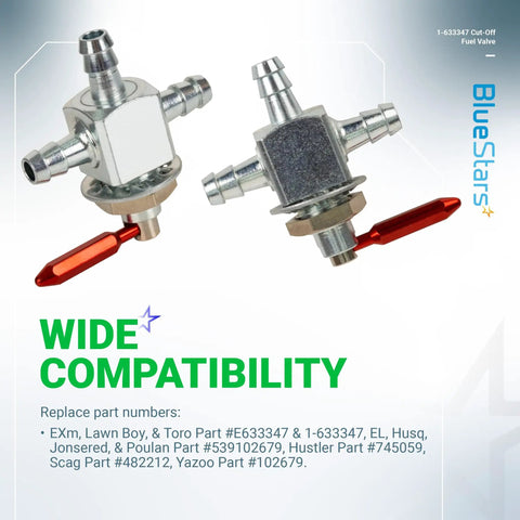 1-633347 Cut Off Fuel Valve With In Line Filter Kit showing dual steel valves with red handles and quarter-inch barbs