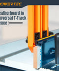 Heavy Hitter Table Saw Push Block And Push Stick Kit Featuring Stackable Feather Board mounted on Universal T-Track Fence.