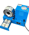 Top Shelf Heavy Duty Electric Hydraulic Hose Crimper With Killer Five Ton Punch And Lightning Fast Eight Die Swap Kit For Zero Hassle 110V Garage Service On Six To Twenty Eight Millimeter Tubing, blue design with open drawer showing dies.