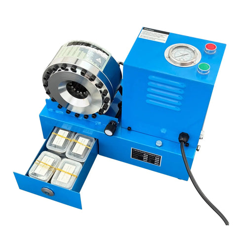 Top Shelf Heavy Duty Electric Hydraulic Hose Crimper With Killer Five Ton Punch And Lightning Fast Eight Die Swap Kit For Zero Hassle 110V Garage Service On Six To Twenty Eight Millimeter Tubing, blue design with open drawer showing dies.
