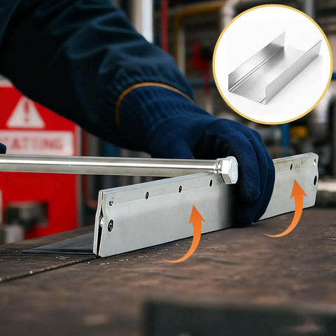 15.25 Inch Sheet Metal Bender Hand Tool With 1 Inch Fold Depth Manual Hemming Tool in use on metal surface for HVAC and roofing.