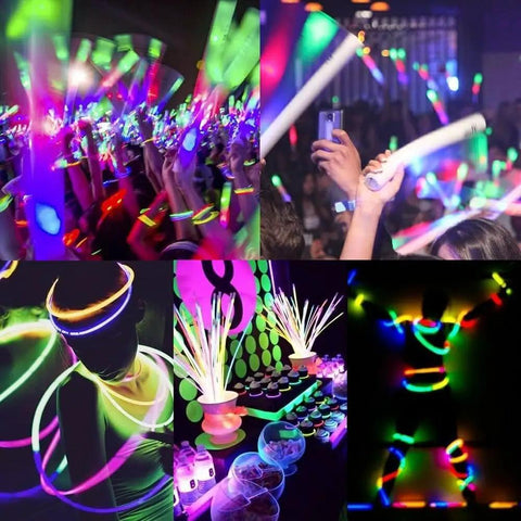 Vibrant party setting with guests using Best Deal Bulk Blue Glow Sticks 25 Pack 6 Inch Industrial Grade Safety Glow Sticks for events.