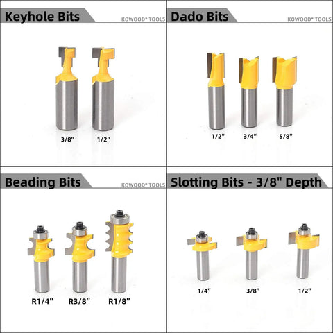 Collage of keyhole, dado, beading, and slotting bits from 70 Piece Router Bit Set With 1/2 Inch Shank Tungsten Carbide Bits.