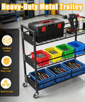 Heavy Duty 3 Tier Metal Utility Cart With Locking Casters And 330 Lbs Load Capacity in workshop setting