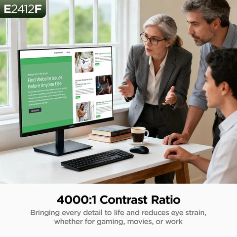 24 Inch Full HD Monitor With 100Hz VA Panel For Smooth, Crisp Visuals And Dope Color, 4000 To 1 Contrast, 1920x1080 Resolution, HDMI And VGA, TUV Rheinland Certified, 100x100mm VESA Mount, Ultra Slim Design, Tilt Function, Black E2412F on office desk