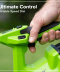 Heavy Duty Brushless Motor Turbo Leaf Blower Knocking Out Yard Leaves And Dust With 515 Cfm Airflow And 130 Mph Winds Slick Cordless 24 Volt Electric handheld blower showing variable speed dial control.