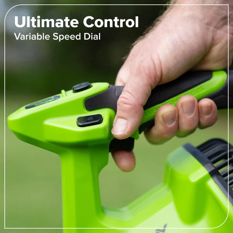 Heavy Duty Brushless Motor Turbo Leaf Blower Knocking Out Yard Leaves And Dust With 515 Cfm Airflow And 130 Mph Winds Slick Cordless 24 Volt Electric handheld blower showing variable speed dial control.
