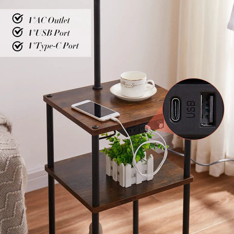 Close-up of Floor Lamp With Table And USB C Charging Station Rustic End Table Lamp With Shelves showing charging ports and decor.