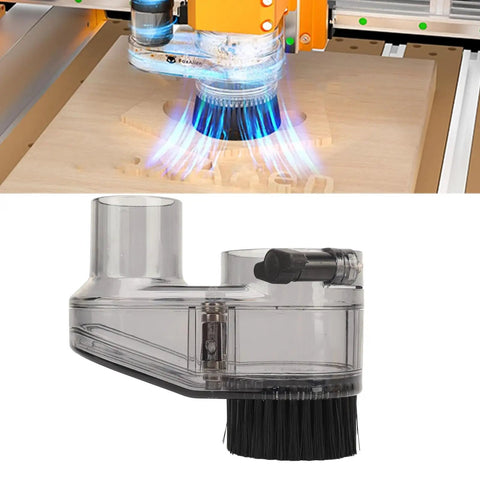 Clear ABS Dust Shoe For Router Milling And Engraving Machines in use with 52mm spindle, 38mm hose adapter, and nylon brush.