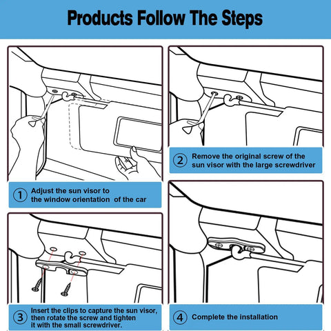 Installation steps for Sun Visor Clip Repair Kit For 2018-2022 Jeep Wrangler And 2020-2022 Gladiator with aluminum clips.