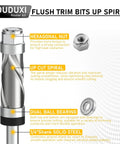 Side view of DUDUXI carbide flush-trim router bit with 1/4 in shank, top and bottom bearings, spiral up-down