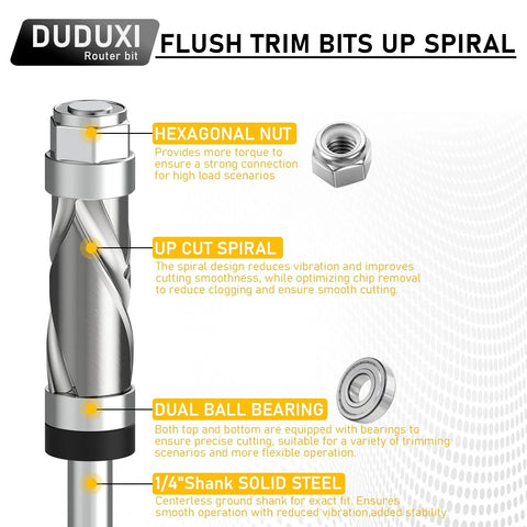 Side view of DUDUXI carbide flush-trim router bit with 1/4 in shank, top and bottom bearings, spiral up-down