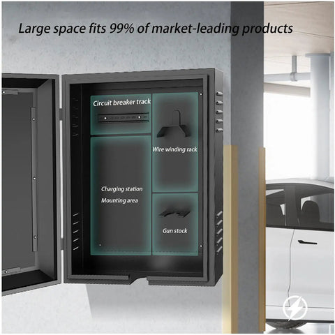 Interior view of Premium Rock Solid Heavy Duty Electric Vehicle Charger Cover showing charging station and wire rack.