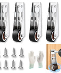 Set Of Four Heavy Duty Vertical Door Support Wheels Engineered To Stop Sag Dead In Its Tracks While Featuring Truly Dead Silent Rubber Tread Casters, screws, gloves, and drill.