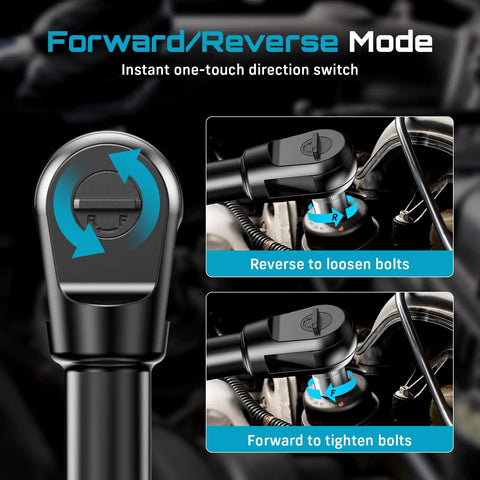 Extended Cordless Electric Ratchet Wrench With Six Inch Long Neck Three Eighth Inch Drive showing forward and reverse mode.