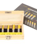 Five Piece Straight Router Bit Set With One Half Inch Shanks And Premium Micro Grain Carbide Blades in wooden case for CNC or handheld routers.