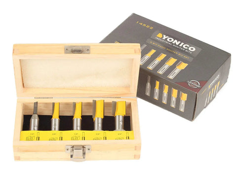 Five Piece Straight Router Bit Set With One Half Inch Shanks And Premium Micro Grain Carbide Blades in wooden case for CNC or handheld routers.