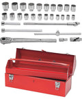 29-Piece 3/4-Inch Drive Socket And Tool Set With Chrome Vanadium Build displayed with red toolbox and accessories.