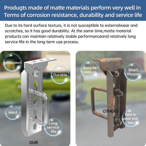 Comparison of heavy duty boat trailer bunk brackets: durable matte finish on left vs rusted bracket on right.