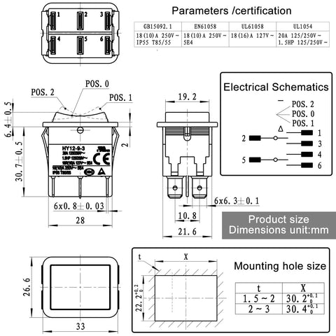 Technical drawing of Beefy Rocker Switch 6 Pin DPDT ON Off On Momentary 20A 125 or 250V IP55 Waterproof High Power 1.5HP