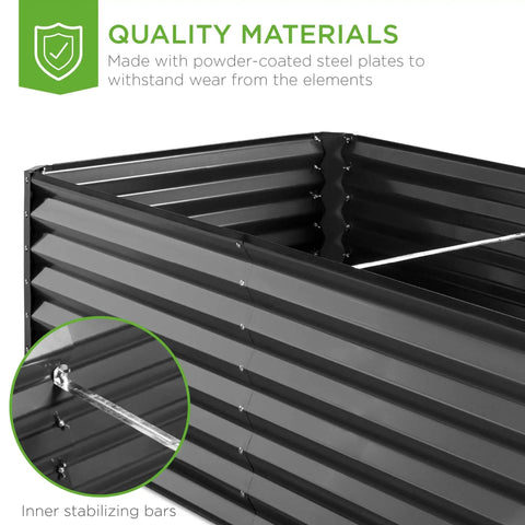 Close-up of a 6x3x2ft Outdoor Metal Raised Garden Bed With A 24 Inch Deep Root Box, highlighting steel construction and stabilizing bars.