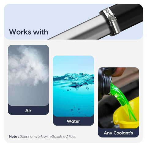 Silicone Vacuum Hose Five Eighth Inch ID Sixteen Millimeter 10 Ft Long High Temp 100 PSI Engine Automotive Vacuum Line Tubing Durable Black displayed with air, water, and coolant compatibility illustrations, excluding fuel.
