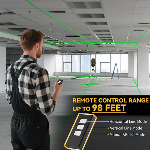 Man using Ultra Precise 4x360 Degrees Self Leveling Laser Level Kit With Tripod, LCD Touch Screen, Green Cross Line in an empty room