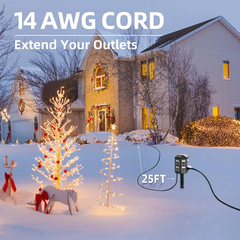 Outdoor Power Strip With 25 Ft Extension Cord, Remote Dusk To Dawn Timer, Waterproof, 6 Grounded Outlets For Christmas Yard Inflatables And Outdoor Decor, ETL Listed With 100 Ft Remote Range in snowy holiday setting