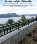 Level Up Your Outdoor Setup With These Rock Solid Railing Extenders Quick Bolt On Adds Major Height Locks In Privacy And Safety Tight Fit For Any Deck Or Patio Fence Today, featuring a tall black railing on a stone wall by water.